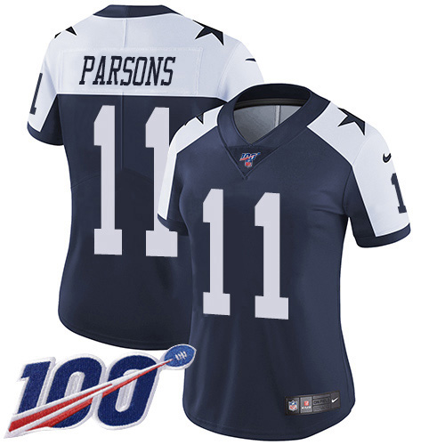 Cowboys #11 Micah Parsons Navy Blue Thanksgiving Women's Stitched 100th Season Vapor Throwback Limited Jersey