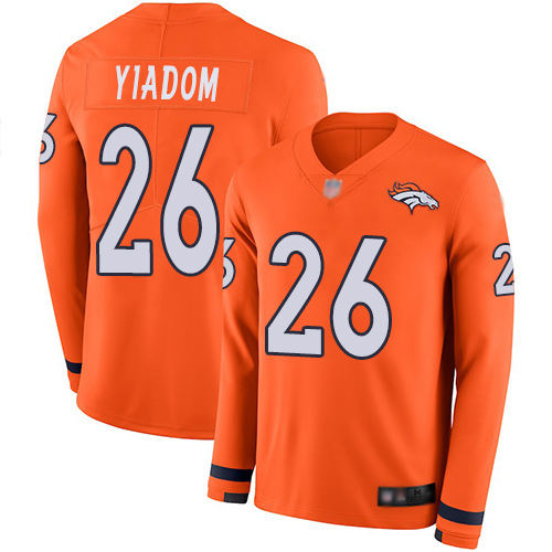 Men's Denver Broncos #26 Isaac Yiadom Orange Team Color Men's Stitched Limited Therma Long Sleeve Jersey Men's