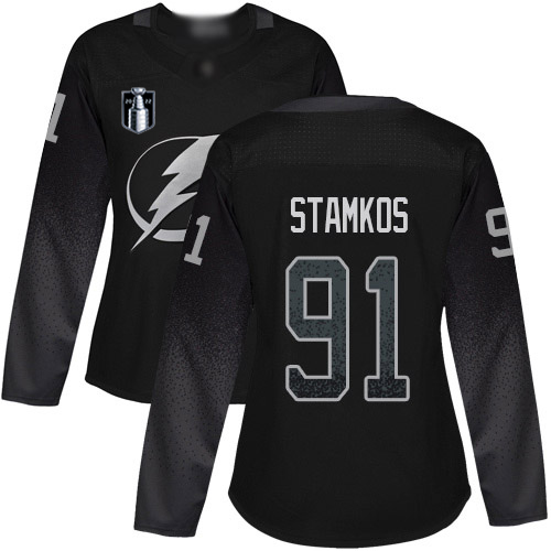 Adidas Tampa Bay Lightning #91 Steven Stamkos Black 2022 Stanley Cup Final Patch Women's Alternate Authentic Stitched Jersey Womens