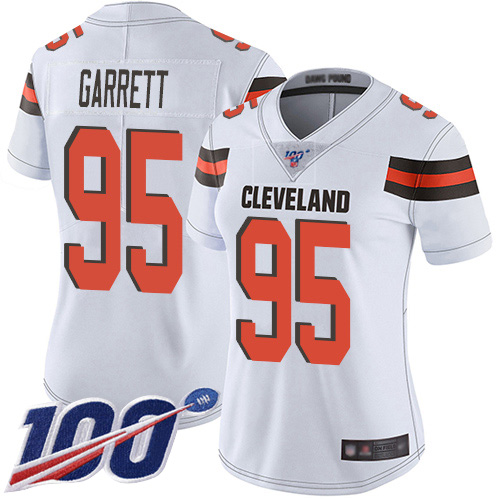 Browns #95 Myles Garrett White Women's Stitched 100th Season Vapor Limited Jersey