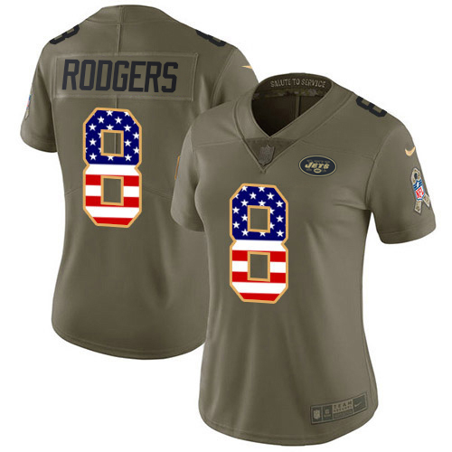 Jets #8 Aaron Rodgers Olive/USA Flag Women's Stitched Limited 2017 Salute To Service Jersey