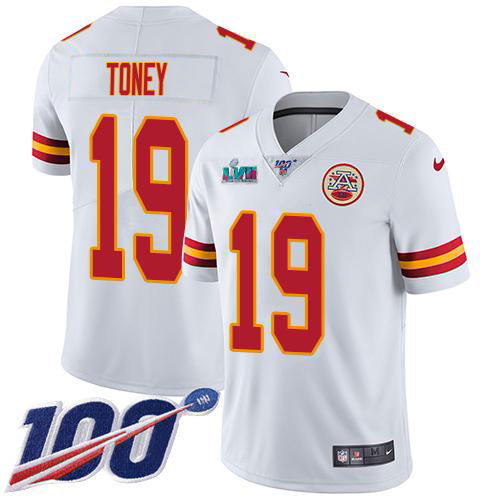 Chiefs #19 Kadarius Toney White Super Bowl LVII Patch Men's Stitched 100th Season Vapor Limited Jersey
