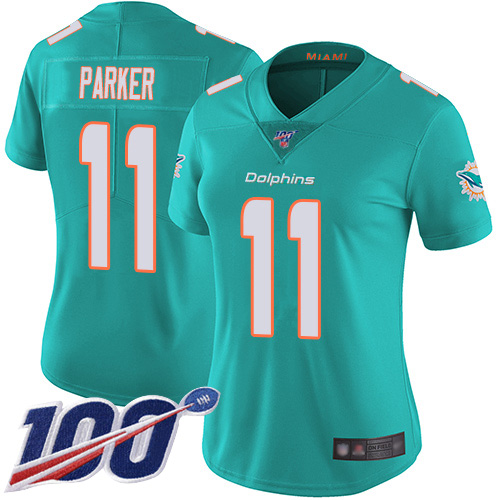 Miami Dolphins #11 DeVante Parker Aqua Green Team Color Women's Stitched 100th Season Vapor Limited Jersey Womens