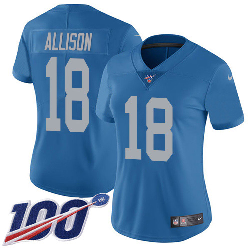 Detroit Lions #18 Geronimo Allison Blue Throwback Women's Stitched 100th Season Vapor Untouchable Limited Jersey Womens
