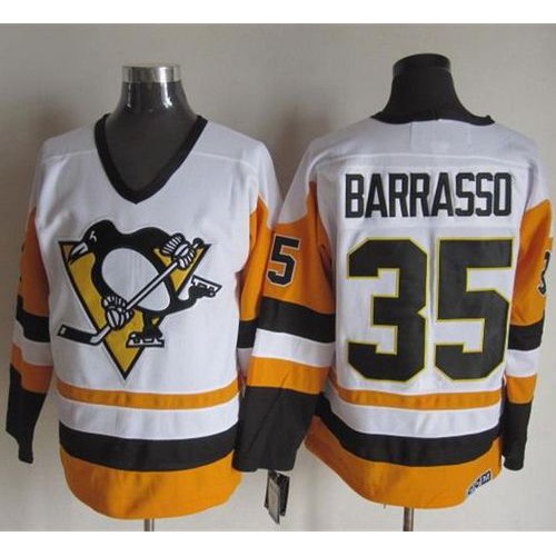 Pittsburgh Penguins #35 Tom Barrasso White/Black CCM Throwback Stitched Jersey Men's