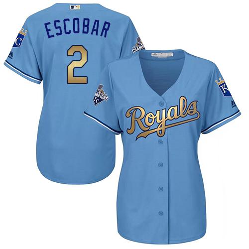 Kansas City Royals #2 Alcides Escobar Light Blue Women's 2015 World Series Champions Gold Program Cool Base Stitched Jersey Womens