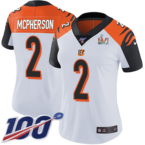 Bengals #2 Evan McPherson White Super Bowl LVI Patch Women's Stitched 100th Season Vapor Untouchable Limited Jersey