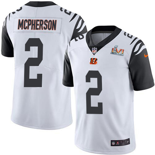Bengals #2 Evan McPherson White Super Bowl LVI Patch Youth Stitched Limited Rush Jersey