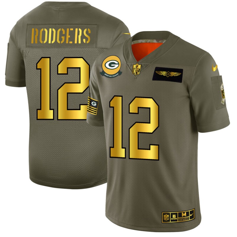 Green Bay Packers #12 Aaron Rodgers Men's Olive Gold 2019 Salute To Service Limited Jersey