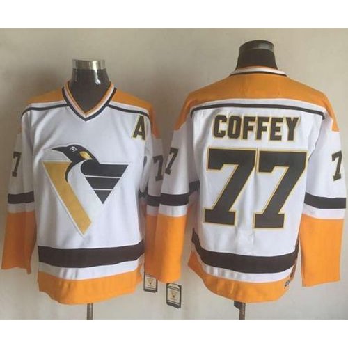 Pittsburgh Penguins #77 Paul Coffey White/Yellow CCM Throwback Stitched Jersey Men's