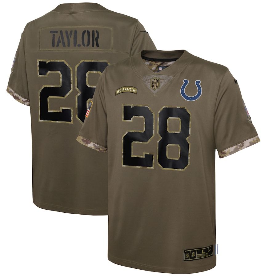 Indianapolis Colts #28 Jonathan Taylor Youth 2022 Salute To Service Limited Jersey - Olive
