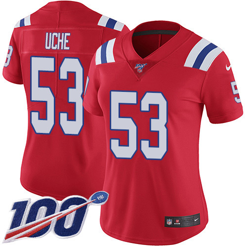 New England Patriots #53 Josh Uche Red Alternate Women's Stitched 100th Season Vapor Untouchable Limited Jersey Womens