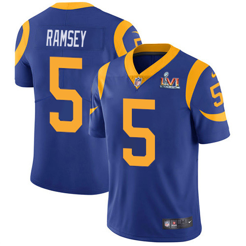 Rams #5 Jalen Ramsey Royal Blue Alternate Super Bowl LVI Patch Men's Stitched Vapor Untouchable Limited Jersey
