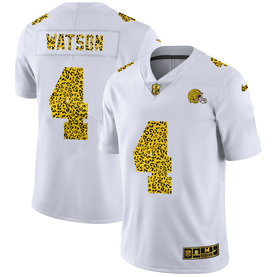 Cleveland Browns #4 Deshaun Watson Men's Flocked Leopard Print Vapor Limited Jersey White