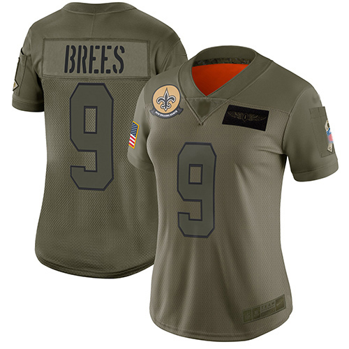 Saints #9 Drew Brees Camo Women's Stitched Limited 2019 Salute To Service Jersey