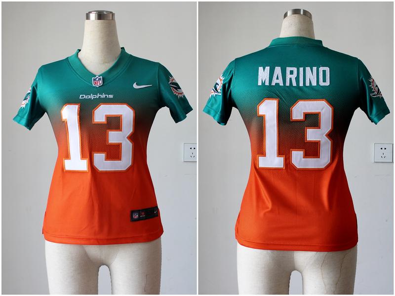 Dolphins #13 Dan Marino Aqua Green/Orange Women's Stitched Elite Fadeaway Fashion Jersey