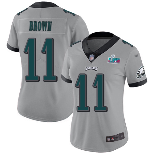 Eagles #11 A.J. Brown Silver Super Bowl LVII Patch Women's Stitched Limited Inverted Legend Jersey