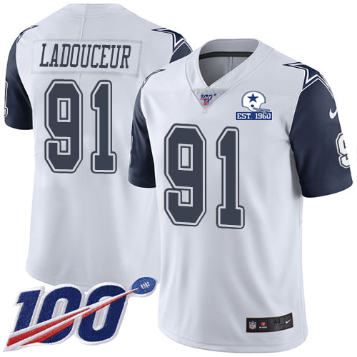Dallas Cowboys #91 L.P. Ladouceur White Men's Stitched With Established In 1960 Patch Limited Rush 100th Season Jersey Men's