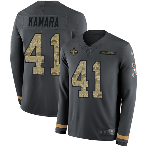 Saints #41 Alvin Kamara Anthracite Salute To Service Men's Stitched Limited Therma Long Sleeve Jersey