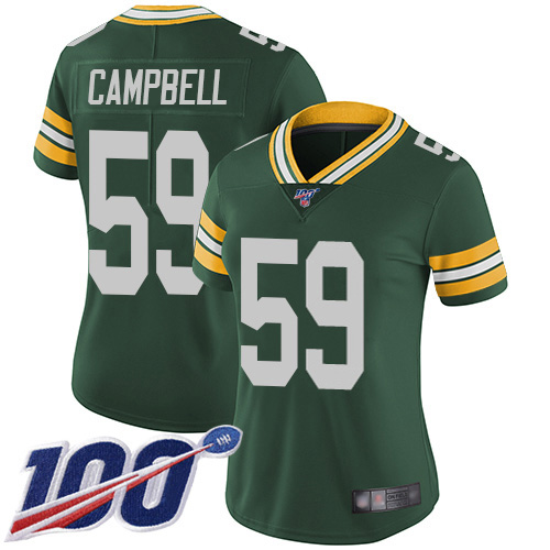 Green Bay Packers #59 De'Vondre Campbell Green Team Color Women's Stitched 100th Season Vapor Untouchable Limited Jersey Womens