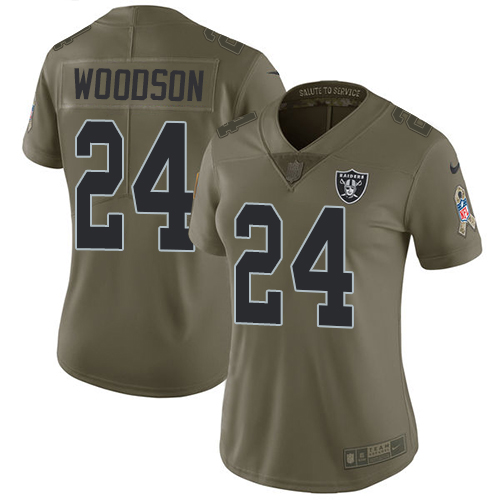 Raiders #24 Charles Woodson Olive Women's Stitched Limited 2017 Salute To Service Jersey