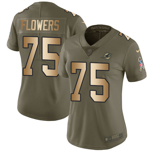 Miami Dolphins #75 Ereck Flowers Olive/Gold Women's Stitched Limited 2017 Salute To Service Jersey Womens