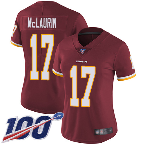 Commanders #17 Terry McLaurin Burgundy Red Team Color Women's Stitched 100th Season Vapor Limited Jersey