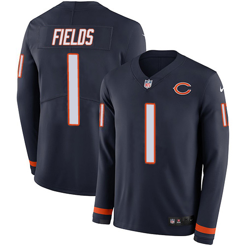 Bears #1 Justin Fields Navy Blue Team Color Men's Stitched Limited Therma Long Sleeve Jersey