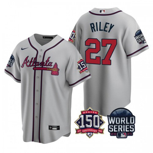 Atlanta Atlanta Braves #27 Austin Riley Men's 150th Anniversary 2021 World Series Game Jersey - Grey Men's