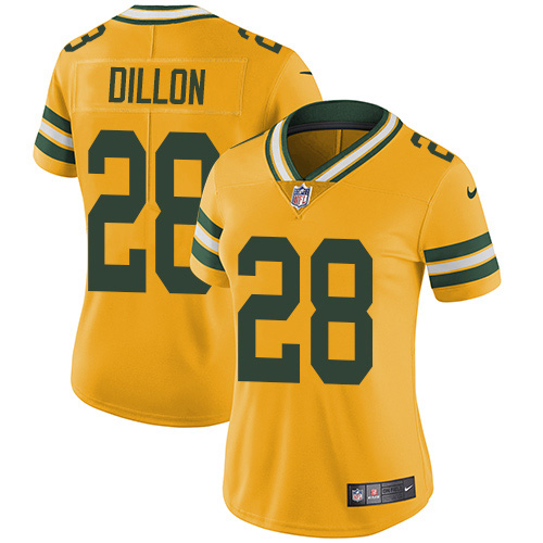 Packers #28 AJ Dillon Yellow Women's Stitched Limited Rush Jersey
