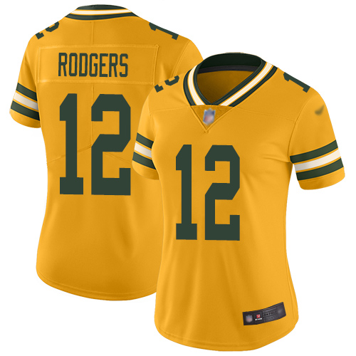 Packers #12 Aaron Rodgers Gold Women's Stitched Limited Inverted Legend Jersey