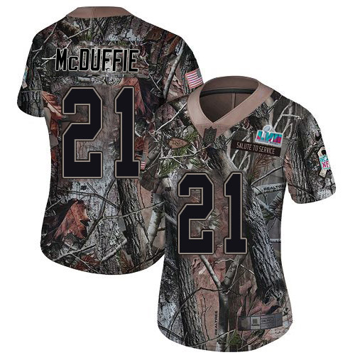 Chiefs #21 Trent McDuffie Camo Super Bowl LVII Patch Women's Stitched Limited Rush Realtree Jersey