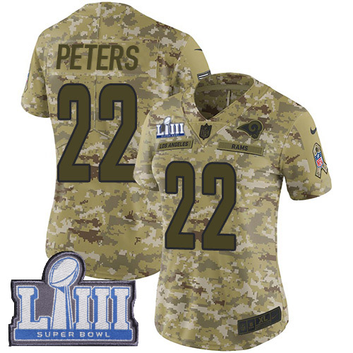 Los Angeles Rams #22 Marcus Peters Camo Super Bowl LIII Bound Women's Stitched Limited 2018 Salute to Service Jersey Womens