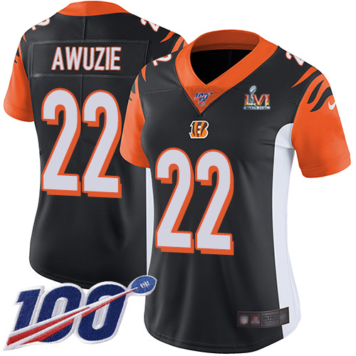 Cincinnati Bengals #22 Chidobe Awuzie Black Black Team Color Super Bowl LVI Patch Women's Stitched 100th Season Vapor Untouchable Limited Jersey W