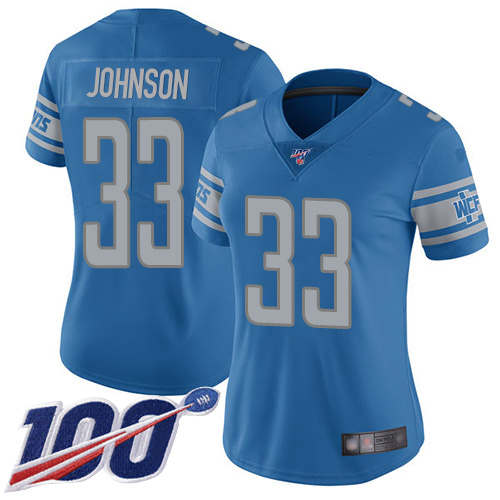 Detroit Lions #33 Kerryon Johnson Blue Team Color Women's Stitched 100th Season Vapor Limited Jersey Womens