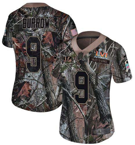 Bengals #9 Joe Burrow Camo Super Bowl LVI Patch Women's Stitched Limited Rush Realtree Jersey