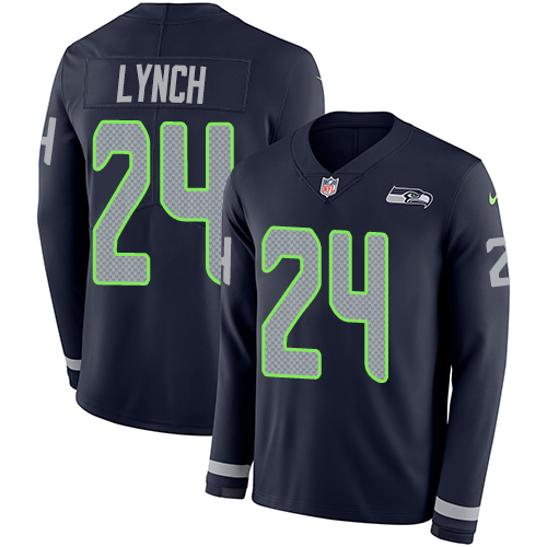 Seattle Seahawks #24 Marshawn Lynch Steel Blue Team Color Men's Stitched Limited Therma Long Sleeve Jersey Men's