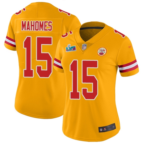 Chiefs #15 Patrick Mahomes Gold Super Bowl LVII Patch Women's Stitched Limited Inverted Legend Jersey