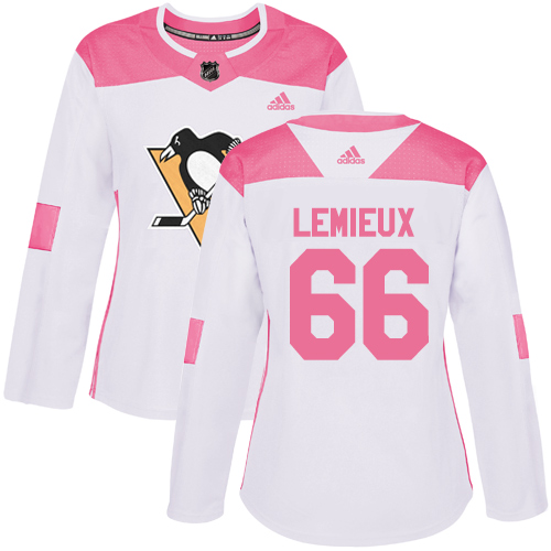 Adidas Pittsburgh Penguins #66 Mario Lemieux White/Pink Authentic Fashion Women's Stitched Jersey Womens