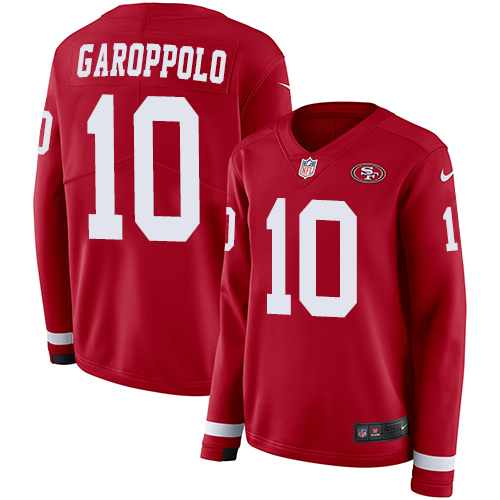 49ers #10 Jimmy Garoppolo Red Team Color Women's Stitched Limited Therma Long Sleeve Jersey