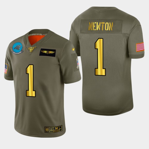 Carolina Carolina Panthers #1 Cam Newton Men's Olive Gold 2019 Salute to Service Limited 100 Jersey Men's