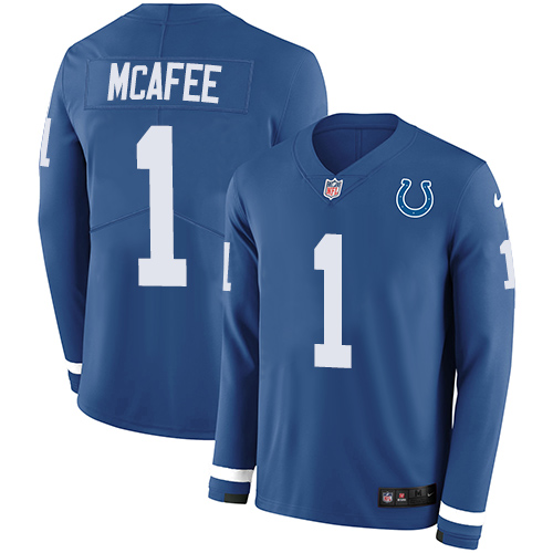 Indianapolis Colts #1 Pat McAfee Royal Blue Team Color Men's Stitched Limited Therma Long Sleeve Jersey Men's
