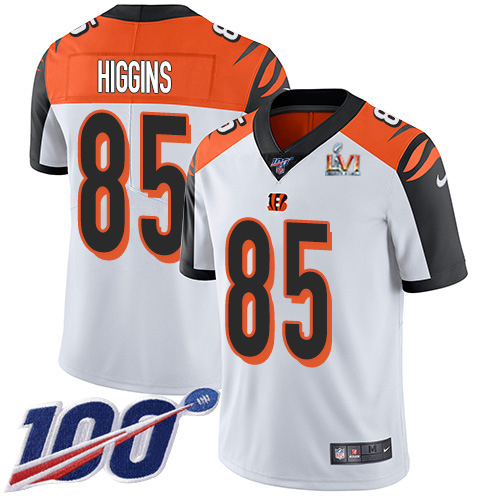 Bengals #85 Tee Higgins White Super Bowl LVI Patch Men's Stitched 100th Season Vapor Limited Jersey