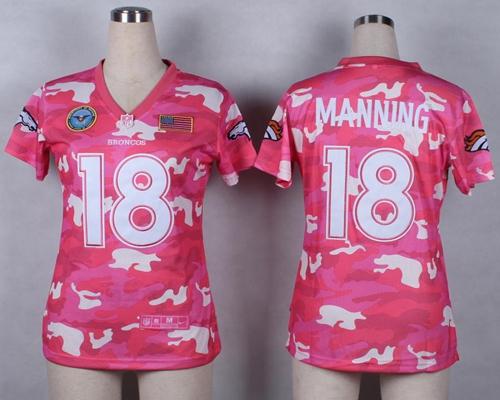 Broncos #18 Peyton Manning Pink Women's Stitched Elite Camo Fashion Jersey