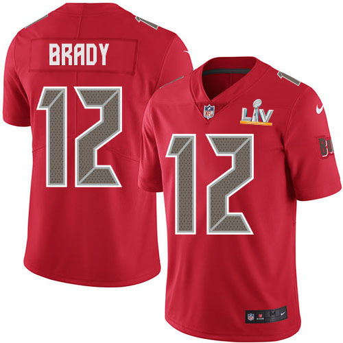 Buccaneers #12 Tom Brady Red Youth Super Bowl LV Bound Stitched Limited Rush Jersey