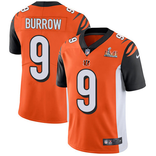 Bengals #9 Joe Burrow Orange Alternate Super Bowl LVI Patch Youth Stitched Vapor Untouchable Limited Jersey