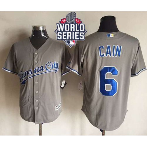 Kansas City Royals #6 Lorenzo Cain New Grey Cool Base W/2015 World Series Patch Stitched Jersey Men's