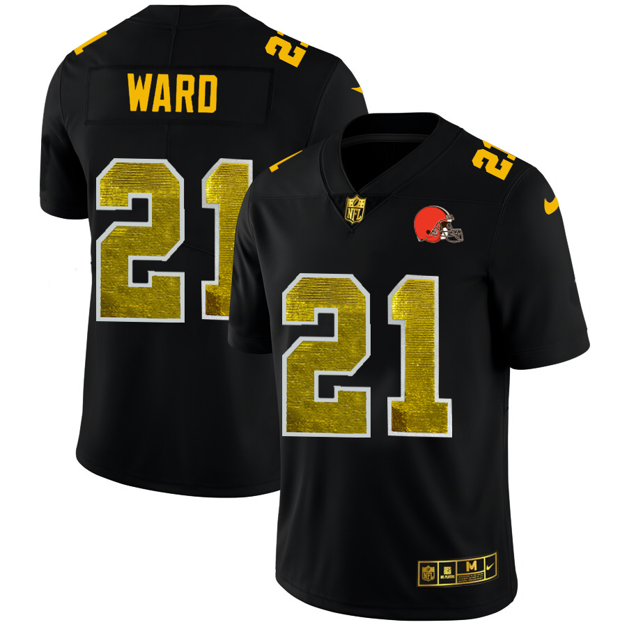 Cleveland Browns #21 Denzel Ward Men's Black Golden Sequin Vapor Limited Jersey