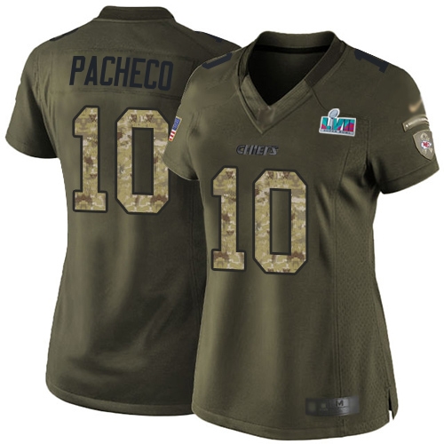 Chiefs #10 Isiah Pacheco Green Super Bowl LVII Patch Women's Stitched Limited 2015 Salute To Service Jersey