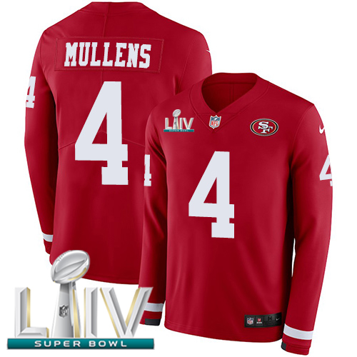 San Francisco 49ers #4 Nick Mullens Red Super Bowl LIV 2020 Team Color Men's Stitched Limited Therma Long Sleeve Jersey Men's